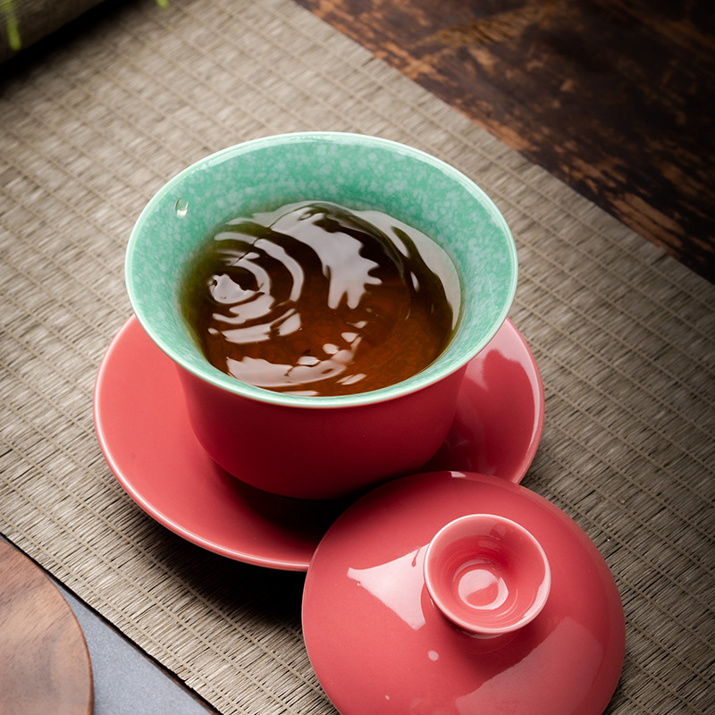 Retro Rouge Handmade Bao Phủ Bát Trà Lớn Sancai Bộ Trà Cảnh Đức Trấn Cưới Gốm Kung Fu Bộ Trà