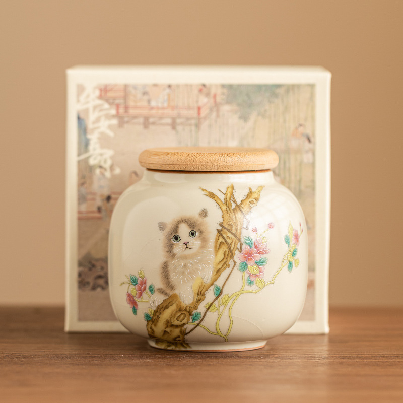 Hộp đựng trà Mengmao Ru Kiln, hộp đựng trà gốm sứ chống ẩm cao cấp gia dụng, Hộp đựng trà cầm tay cỡ nhỏ