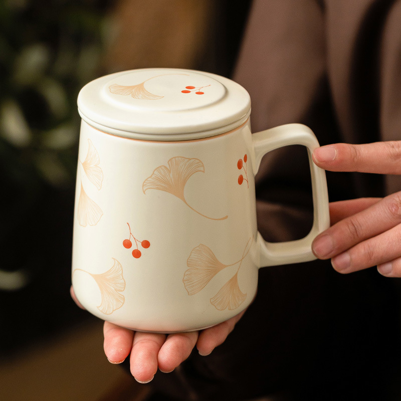Cốc sứ bạch quả màu be cốc văn phòng cốc nước gốm cốc pha trà cốc tách nước cốc cốc lớn gia dụng có nắp