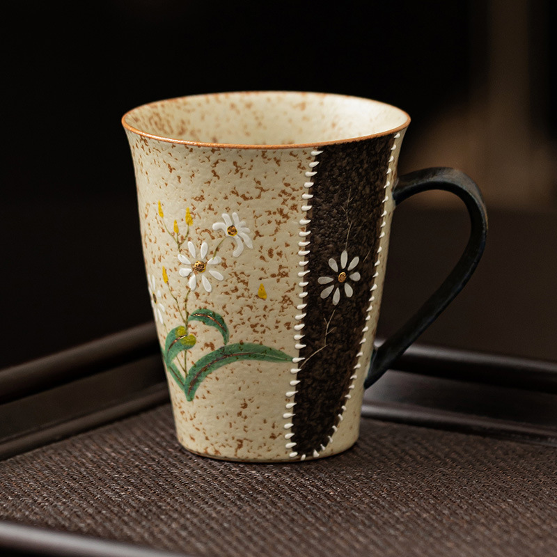 Ly sứ đỏ nâu xanh trắng, họa tiết hoa cúc vàng vẽ tay, ly cola cao cấp, ly uống nước gia dụng có quai cầm