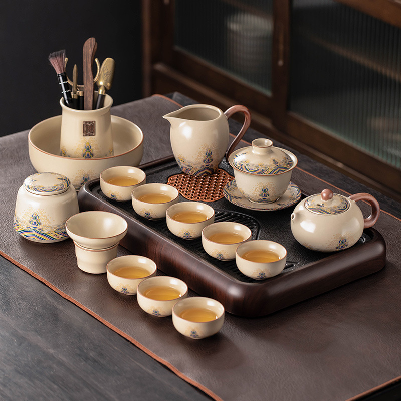 Bộ ấm chén trà gốm sứ cao cấp Ru kiln mẫu mới 2025, sang trọng, tiện dụng cho gia đình và văn phòng.