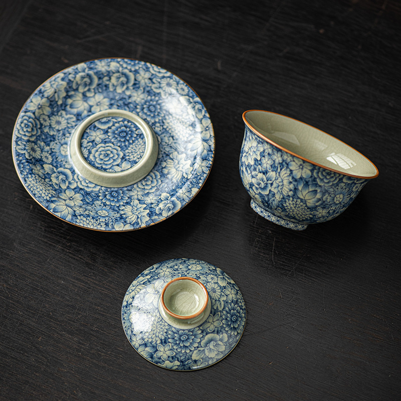 Bát có nắp sứ trắng xanh, cốc trà, bộ bát có nắp ba chỉ mở đơn, bát trà Kung Fu gia dụng có nắp, gốm sứ không nóng