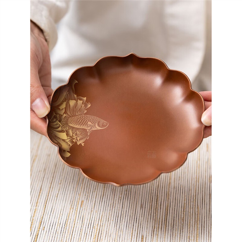 Chậu đồng nguyên chất cổ điển nung thủ công kiểu Trung Quốc Cổ Đại Song Yuanzuo, khay đựng ấm, khay nhỏ, phụ kiện Bộ trà Kung Fu, gia dụng