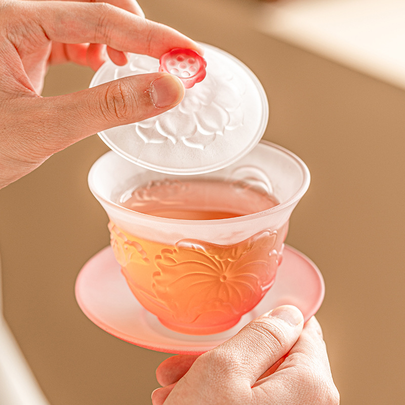 Bát tam tài hoa sen Gradient Bát trà gia dụng cao cấp thủy tinh có nắp cho nữ Bộ trà Kung Fu giá trị cao bát pha trà