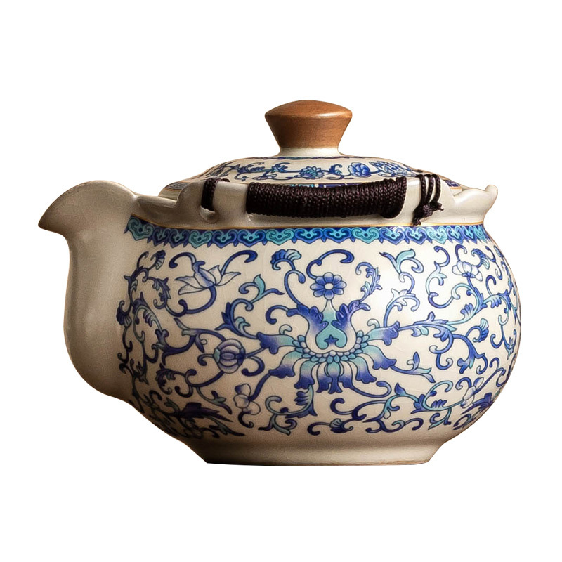 Ấm trà gốm sứ Ru Kiln ấm trà cầm tay hoa sen xanh trắng gia dụng bát nắp cốc trà hộp quà