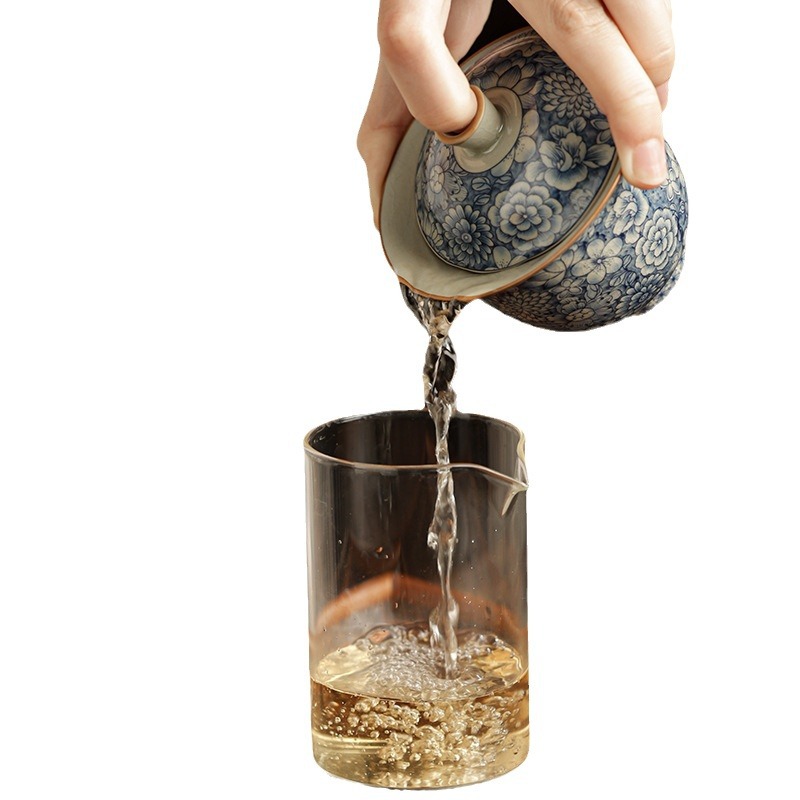 Jingdezhen bọc hoa sen xanh trắng bát ba tài cốc trà bộ trà kungfu đất sét cũ bát trà gốm sứ cao cấp đơn