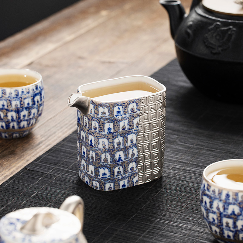 Bộ tách trà bốn phương ngàn phật xanh lam mạ bạc, quà sinh nhật nam nữ lãnh đạo người lớn tuổi, quà tặng khách hàng