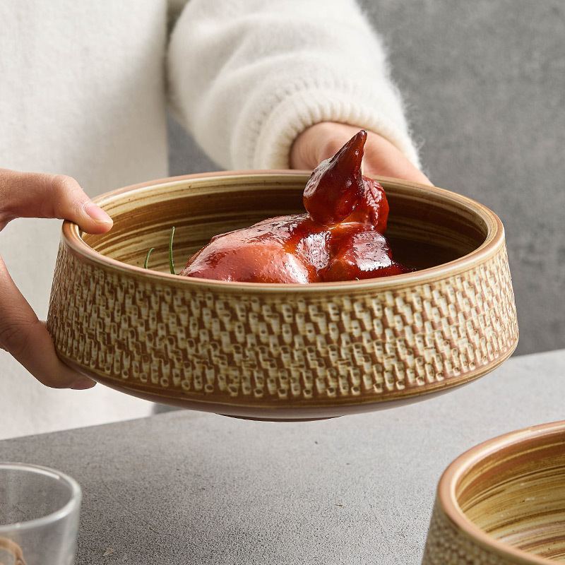 Đĩa ăn gốm thô bát canh cao cấp, đĩa mì ống sâu gia dụng, bát đĩa cổ điển, đĩa bày món ăn nghệ thuật, bộ đồ ăn khách sạn