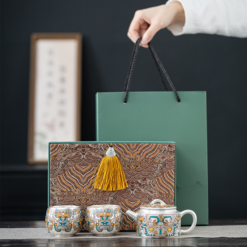 Bộ ấm chén trà Kung Fu bạc mạ vàng 999, bộ ấm trà cao cấp sáng tạo dành cho người lớn tuổi và khách hàng