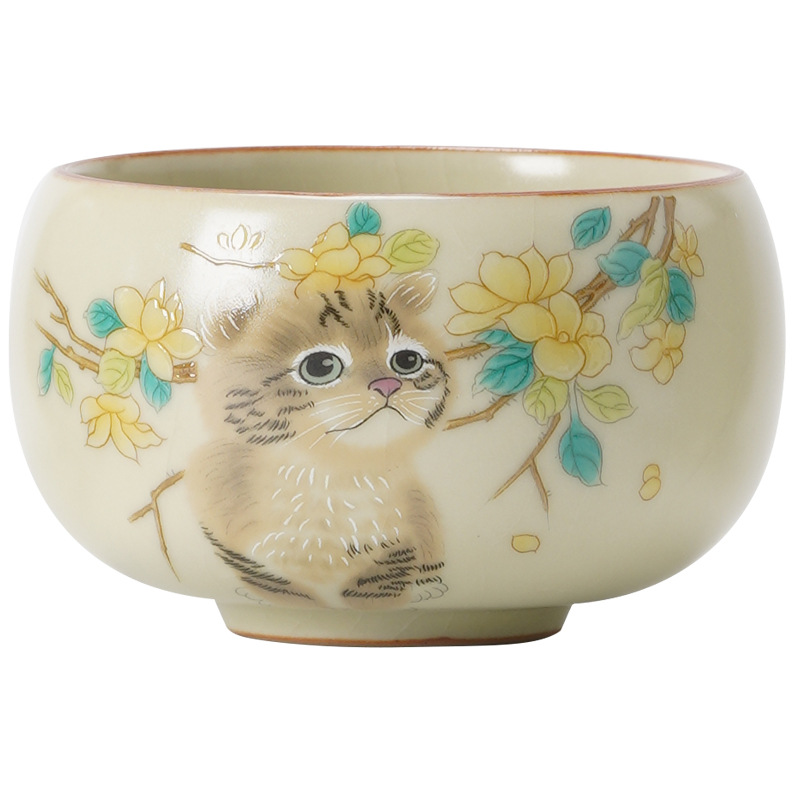 Cốc chủ nhân mèo dễ thương hoa vàng Ru Kiln cốc đơn gia dụng có thể mở cốc uống trà cốc gốm sứ dễ thương cao cấp cốc trà