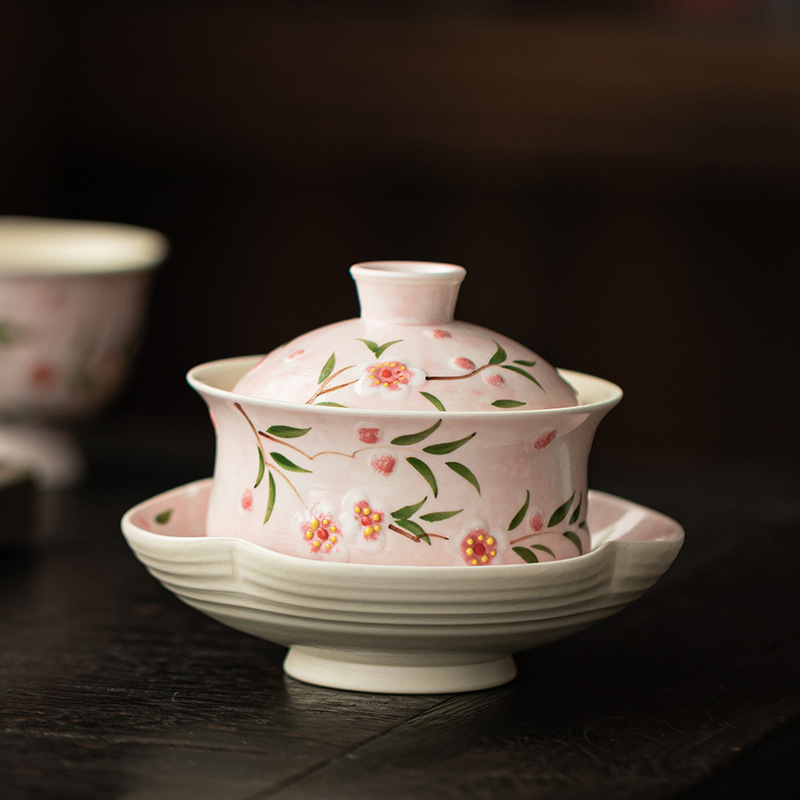 Bát có nắp ba tài hoa đào vẽ tay Bộ trà Kung Fu gốm sứ Trung Quốc Bát trà đơn dụng cụ pha trà đơn giản cho cá nhân