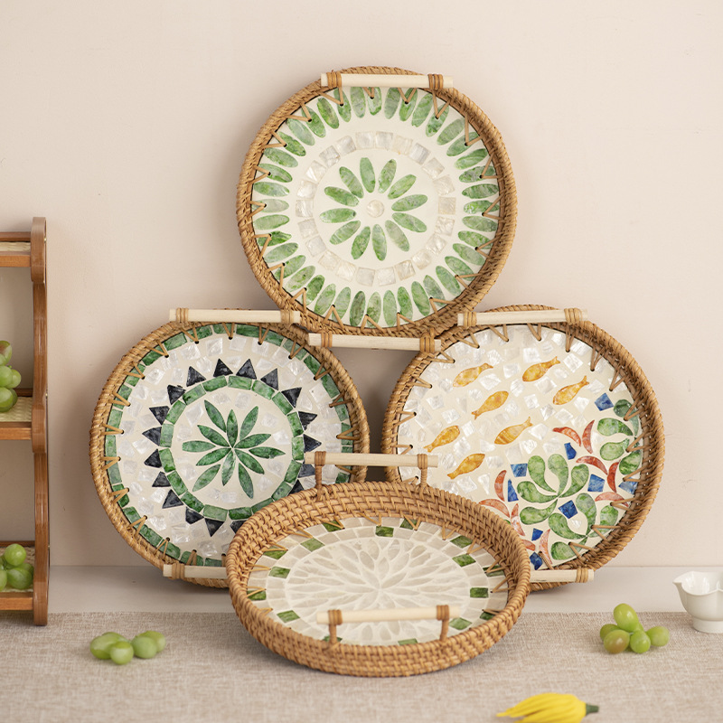 Khay mây Việt Nam, khay đựng trái cây vỏ sò, giỏ ăn sáng dệt kiểu Scandinavian, giỏ bánh mì tre, giỏ đựng đồ ăn nhẹ sáng tạo