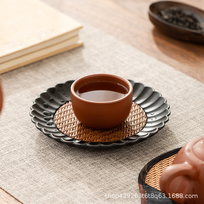 Ấm trà đan mây, lót ấm pha trà, lót cốc cỡ lớn, phụ kiện bộ trà kungfu gia dụng đơn giản, hợp kim