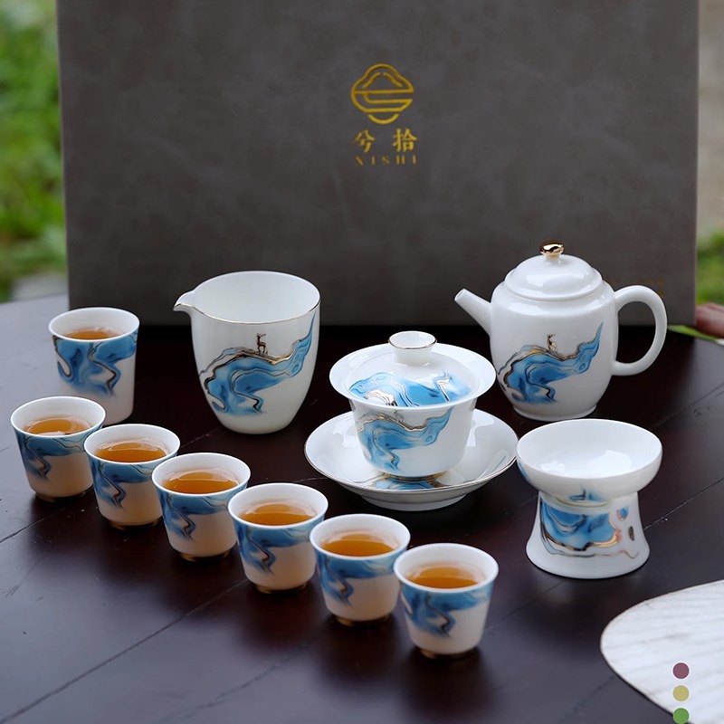Bộ ấm trà Kung Fu sứ trắng sứ trắng ngọc bích Dehua Baichuan Honglu gia dụng nhẹ nhàng sang trọng Bát Trà Hộp quà cao cấp