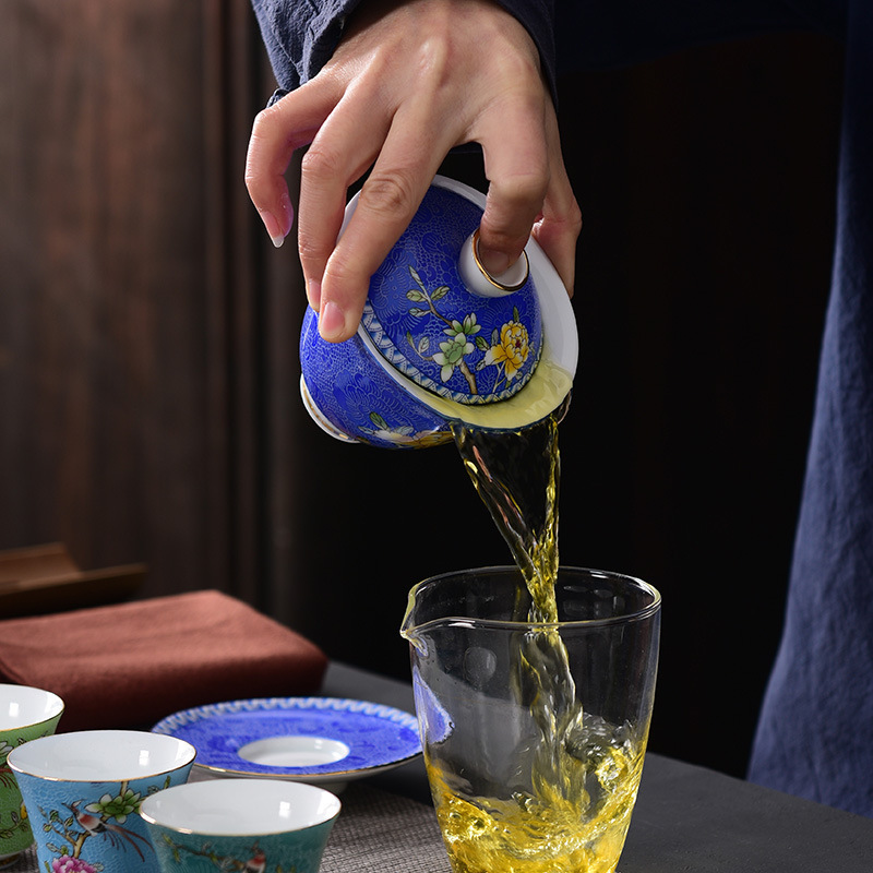 Bộ ấm chén trà sứ tráng men Jingdezhen ba món có nắp, bộ pha trà gốm sứ dùng trong nhà, chén trà lớn