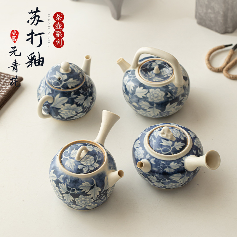 Ấm pha trà màu xanh và trắng tráng men soda, ấm đơn bằng sứ, ấm tay cầm, ấm tay cầm, ấm giọt nước, bộ trà Kung Fu