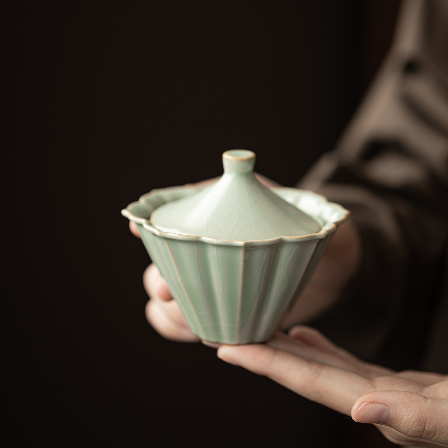 Bộ ấm chén gốm sứ Ru Kiln Petal Hat Quick Cup, dùng được ở nhà, ngoài trời, du lịch, một ấm hai chén, có thể mở nắp