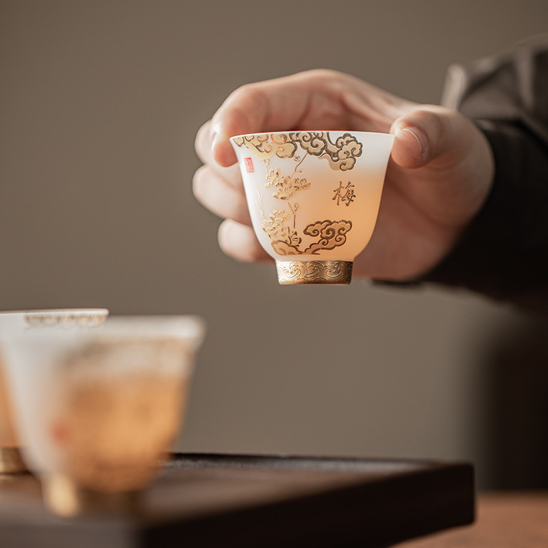 Bộ tách trà bốn quý ông bằng sứ đá vàng, mận, lan, trúc, cúc, cốc chủ nhân, cốc trà gốm sứ, cốc trà, cốc thơm