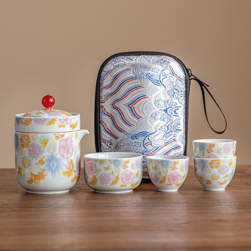 Bộ ấm trà du lịch vạn hoa tráng men cổ cốc trà cốc trà một ấm bốn cốc cốc cốc khách di động ngoài trời