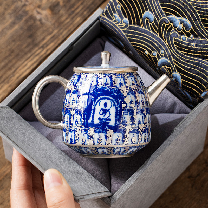 He Fusen màu xanh và trắng mạ bạc Đôn Hoàng Ngàn Phật ấm trà Bộ ấm trà Quà tặng sinh nhật cho người lớn tuổi