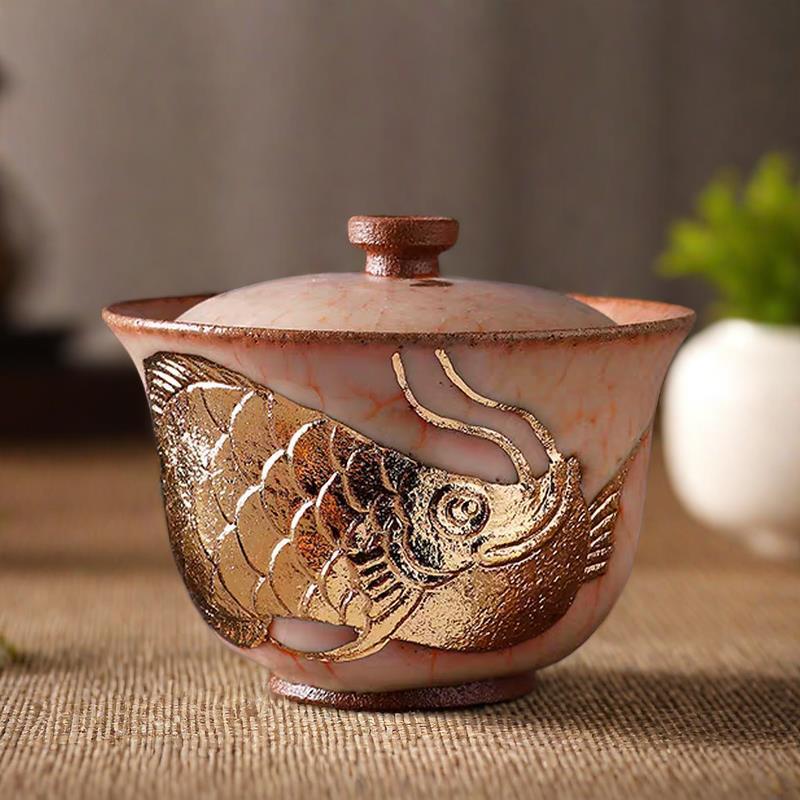 Bát mở nắp mỏ đá Shiyaki, bát pha trà gốm thô Ercai Nhật Bản thủ công Shiano, cá rồng vẽ gia dụng sáng tạo