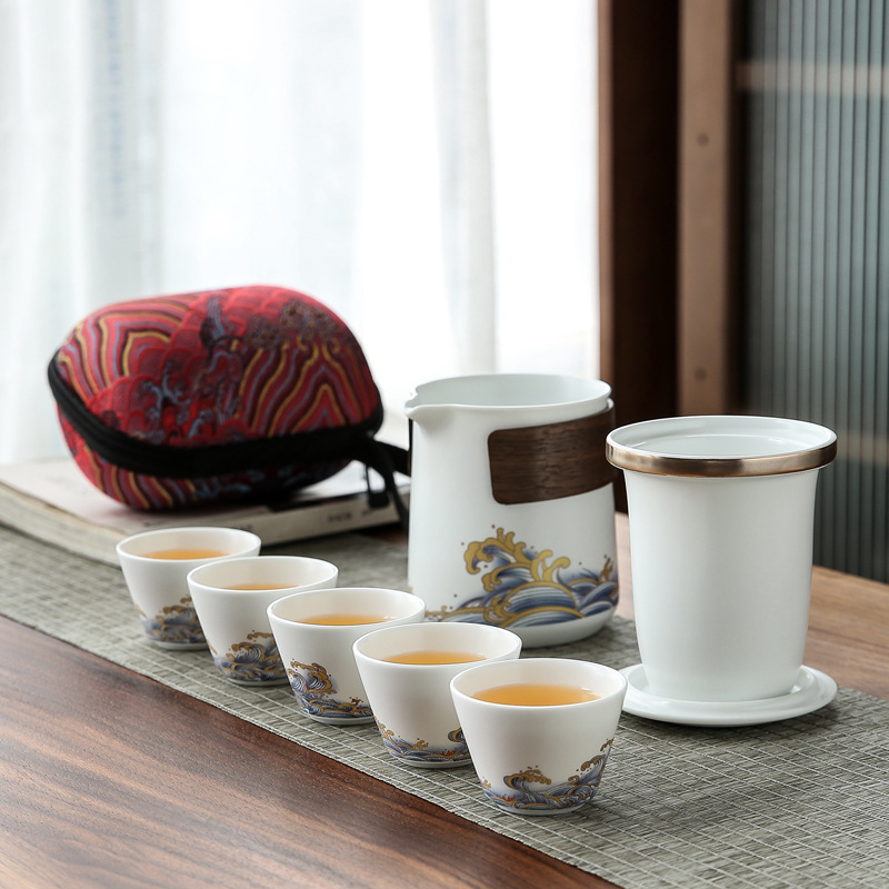 Cốc hành khách nhanh bằng sứ trắng Ngọc Bích, một ấm Ba cốc, Bộ trà du lịch xách tay, bộ nhỏ, logo khắc chữ dùng cho văn phòng