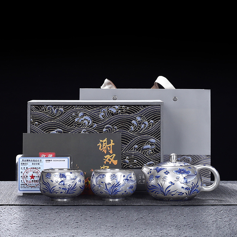 Bộ trà Kung Fu hoa văn tảo cá mạ bạc xanh trắng Bộ trà bạc gốm sứ cao cấp một ấm hai cốc ấm trà sang trọng nhẹ làm quà tặng