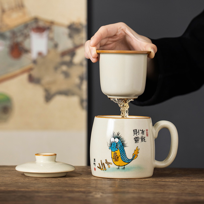 Cốc pha trà Youlong Zeling ở Ru Kiln Cốc nước văn phòng Cốc chuyên dụng cá nhân có nắp Cốc lọc