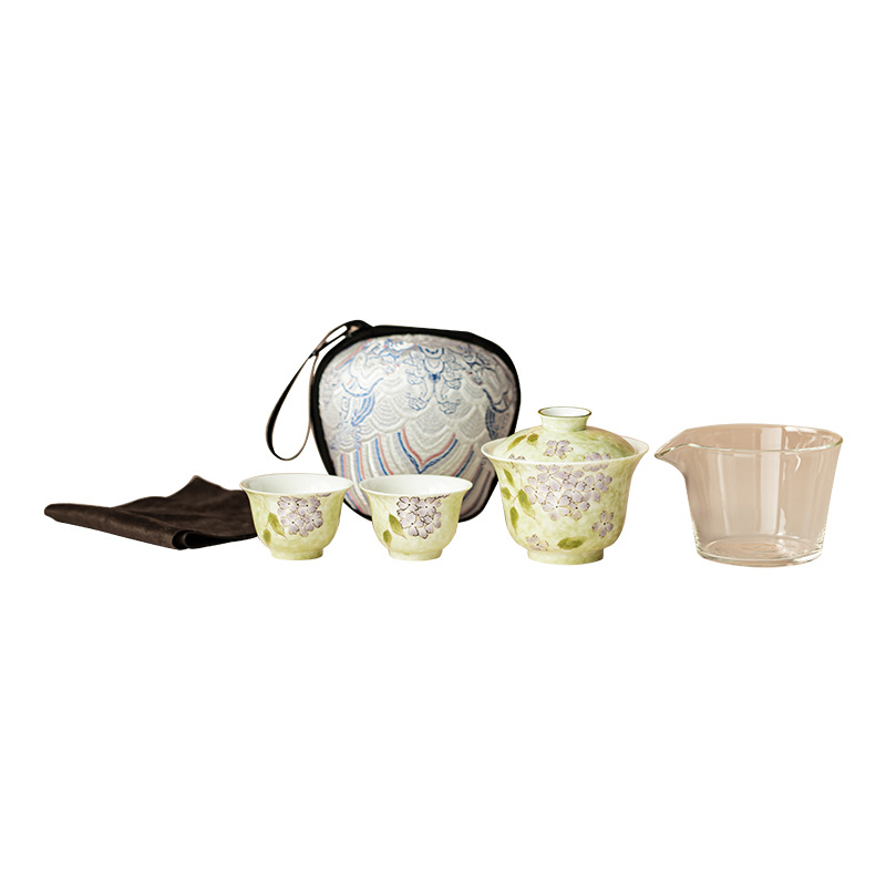 Bát hoa cẩm tú cầu vẽ tay có nắp bộ trà du lịch cầm tay một bát hai cốc gốm sứ nhanh cốc pha trà cắm trại ngoài trời