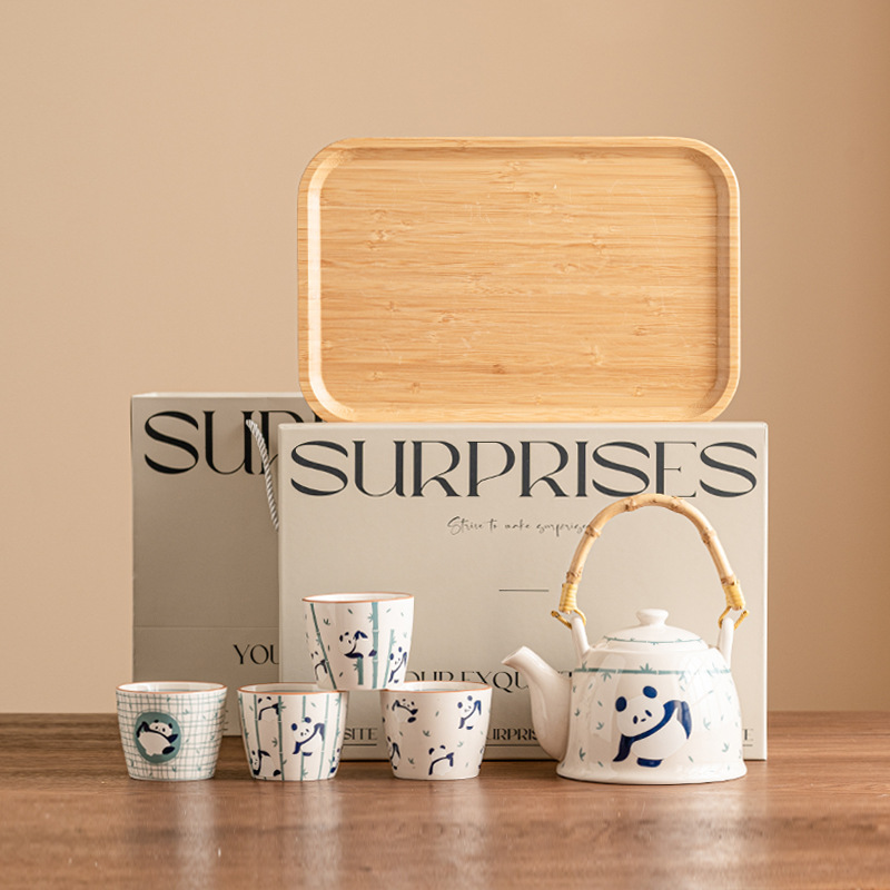 Bộ ấm trà gấu trúc Kung Fu, ấm trà pha trà chiều tinh tế, bộ trà gốm sứ giá trị cao, hộp quà cao cấp