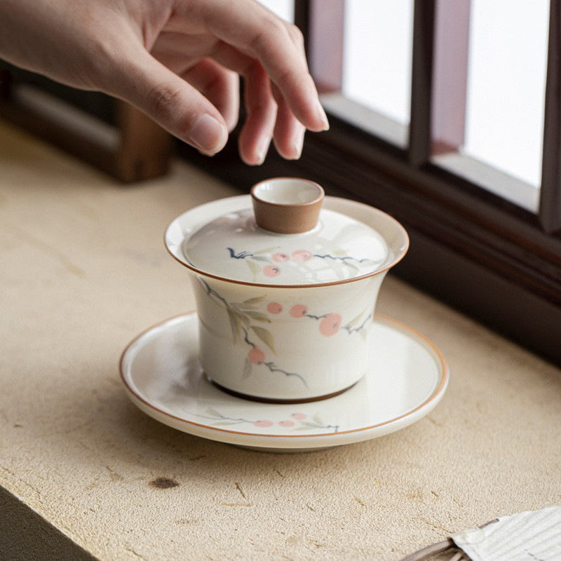 Bát ba tài vẽ tay tráng men màu hồng hồng Ruyi dụng cụ pha trà Kung Fu cao cấp Trung Quốc gia dụng bát trà gốm sứ