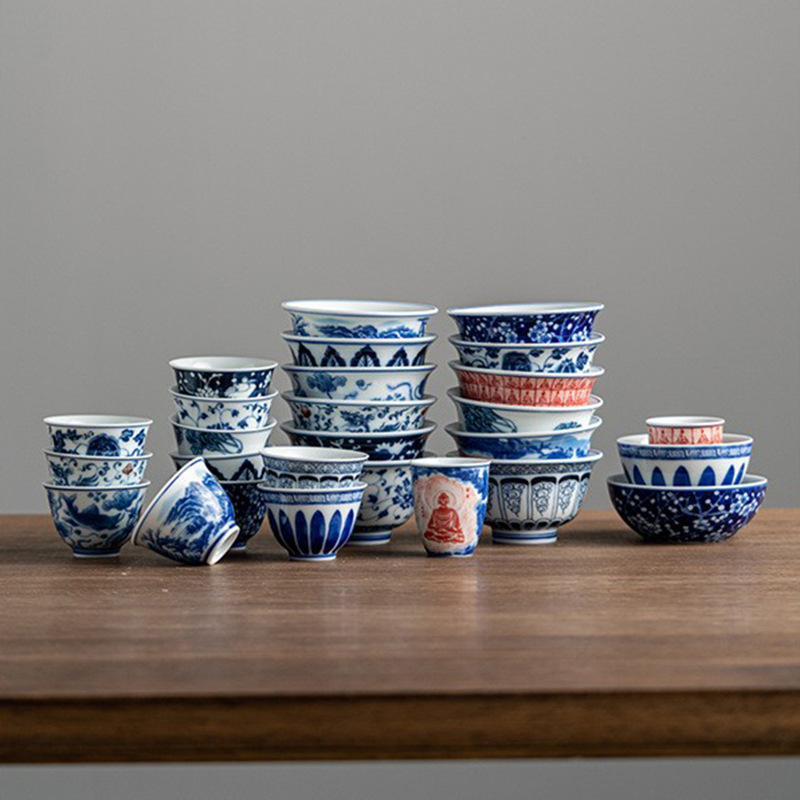 Phong cảnh tráng men màu Pu'er cốc chủ nhân cốc đơn cốc trà gốm sứ cao cấp thủ công vẽ tay sứ trắng xanh đầy màu sắc