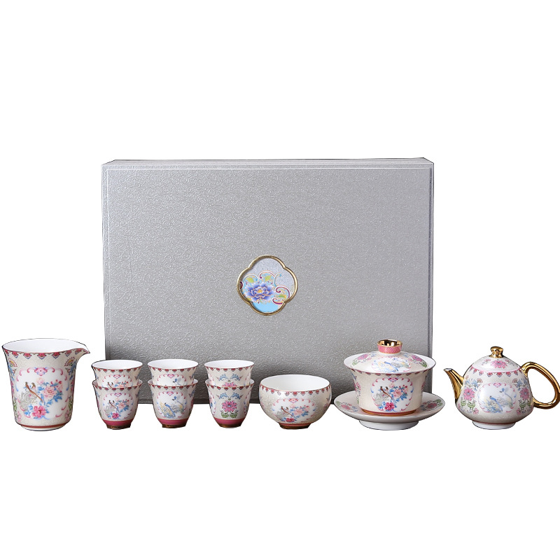 Bộ ấm trà Kung Fu cao cấp gia dụng sang trọng thủ công men bạc cloisonné cổ điển tinh tế hộp quà cao cấp Quà Tặng