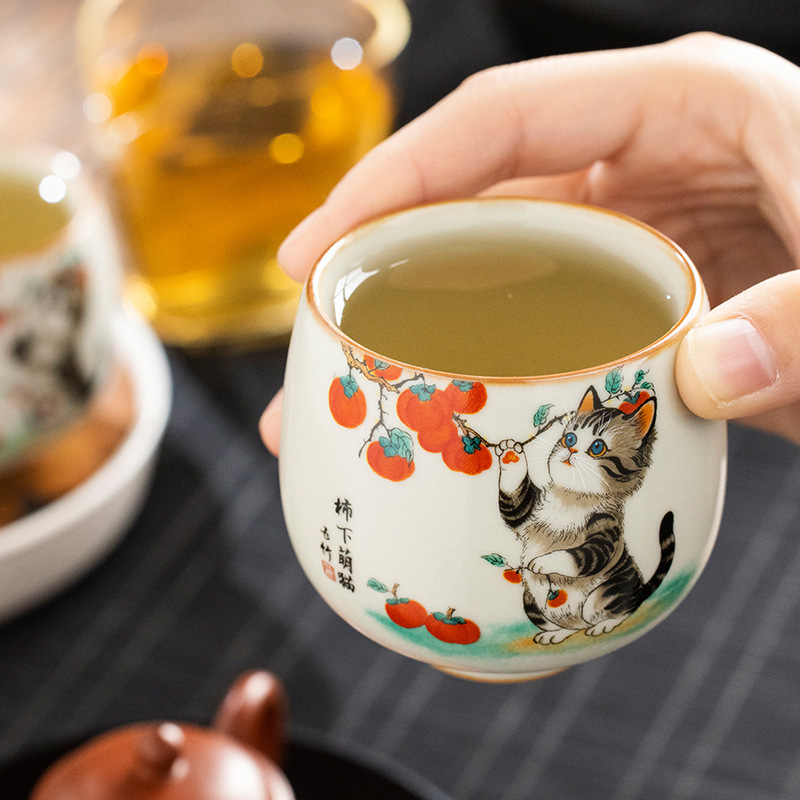 Ru Kiln Hồng Mèo Dễ Thương La Hán Cốc Trà Cá Nhân Master Cup Đơn Cốc Trà Bộ Trà Kung Fu