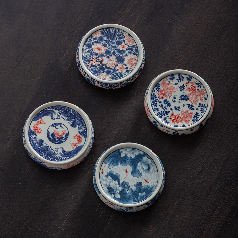 Nắp chén trà sứ xanh trắng cổ điển, nắp tô, đế lót ly bàn trà nhỏ bằng gốm, giá đỡ ấm trà, phụ kiện trà đạo