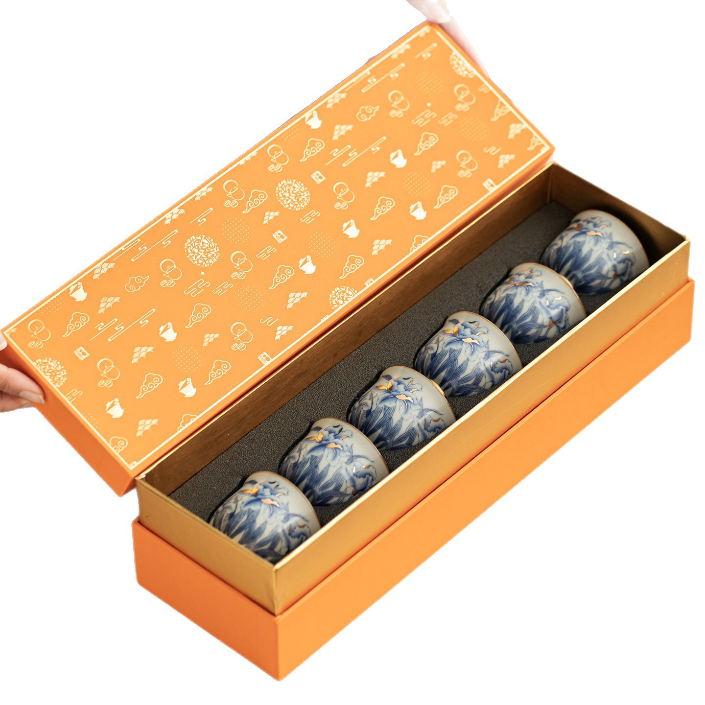 Bộ ấm chén trà Kung Fu sứ cao cấp Ru Kiln, quà tặng doanh nghiệp, hộp quà lưu niệm màu xanh trắng