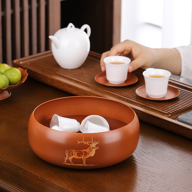 Cốc trà cao cấp bằng đồng thau, thùng rửa trà cực lớn, chậu nước, phụ kiện bộ trà Kung Fu lớn, rửa trà bằng đồng kiểu Nhật có màu nóng