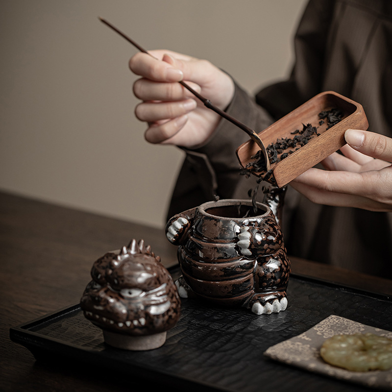 Đồ trang trí ấm trà hình khủng long bùn đá cổ, bộ ấm trà kungfu sáng tạo, đồ trang trí bàn trà kiểu cổ điển Trung Hoa, đồ trang trí lễ trà