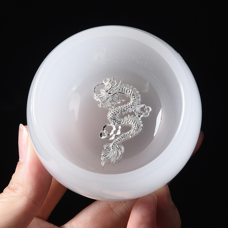 Cốc trà sứ trắng sứ ngọc dát bạc gia dụng cốc trà cỡ lớn cốc trà ngọc lưu ly cốc chủ nhân cốc đơn cốc bạc hộp quà