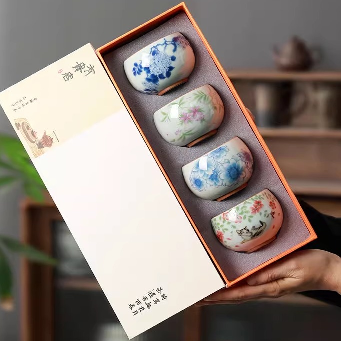 Bộ ấm chén trà xanh trắng cổ điển, gốm sứ Trung Quốc, bộ trà Kung Fu, cốc trà dung tích lớn, cốc trà, cốc chủ, hộp quà tặng