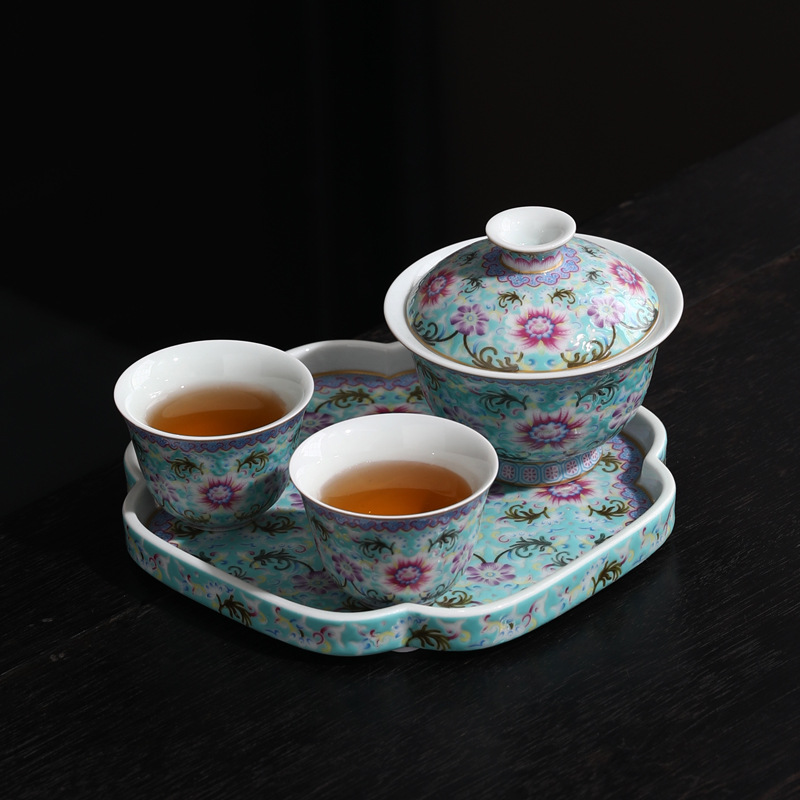 Bộ ấm chén trà gốm sứ cao cấp kiểu cung đình Sancai, bộ ba món, kiểu gaiwan