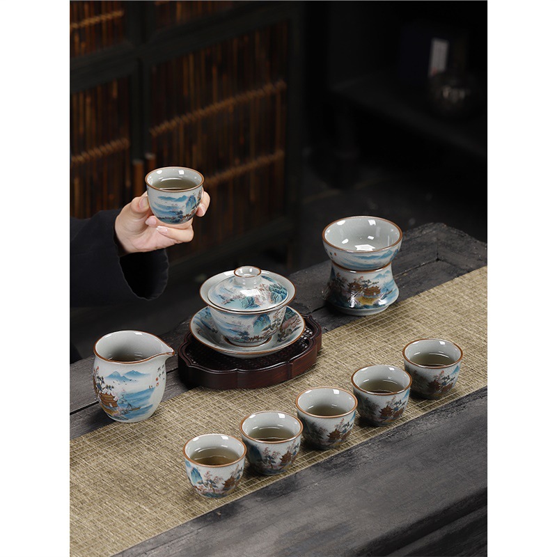 Bộ ấm trà Kung Fu bằng sứ xanh trắng bằng đất sét cũ, bộ ấm trà cao cấp phong cảnh mở kiểu Trung Quốc, bán buôn cốc trà gia dụng
