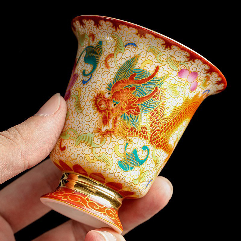 Cốc trà rồng phượng màu men cốc chủ nhân cốc trà gốm sứ mạ vàng chén trà chén trà bát trà cặp trà quà lưu niệm cao cấp