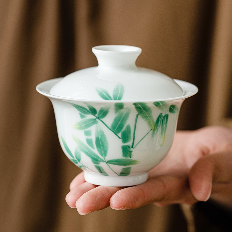 Bát trà lớn màu xám thực vật có nắp vẽ tay Lễ hội thời gian cao mưa có nắp chén trà dụng cụ trà kungfu gia dụng không nóng tay