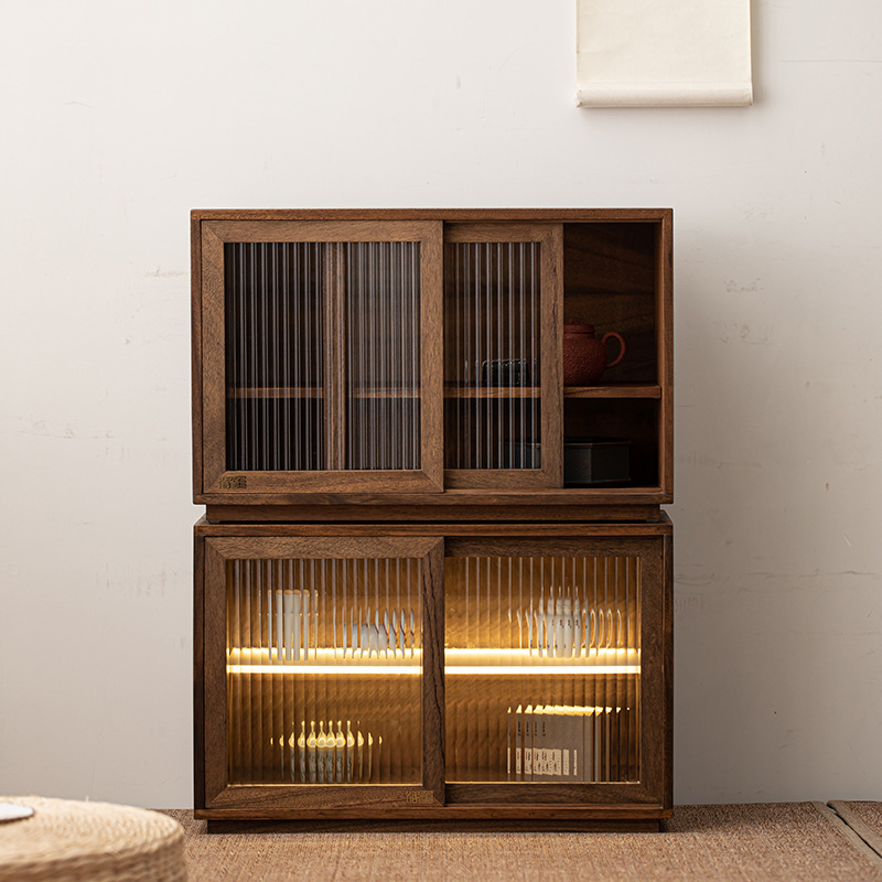 Tủ đựng đồ để bàn gỗ óc chó, đèn cảm ứng, cửa trượt chống bụi, Tủ Đựng Đồ Kiểu Trung Quốc mới, Bộ trà, giá để cốc