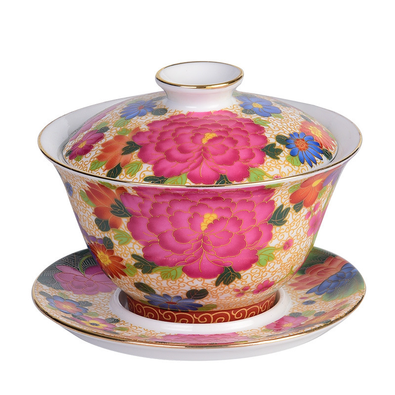 Bát có nắp tam tài tráng men một cốc trà bát trà gốm sứ bộ trà kungfu bát trà long phượng cổ điển gia dụng