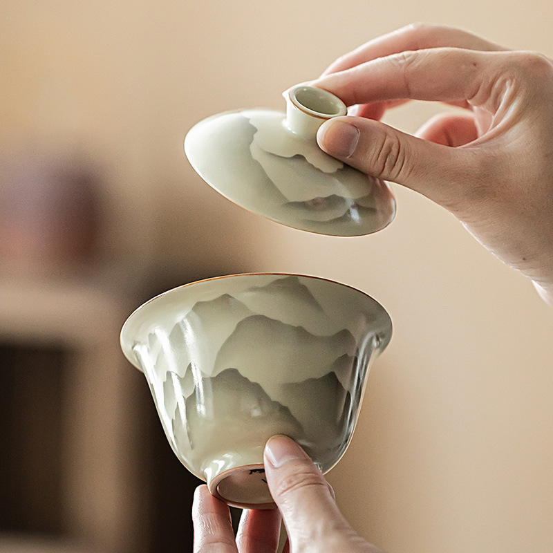 Núi như hoa Ru lò bát có nắp ba tài một bát pha trà gốm sứ cổ điển sang trọng có nắp cốc trà bộ trà Kung Fu