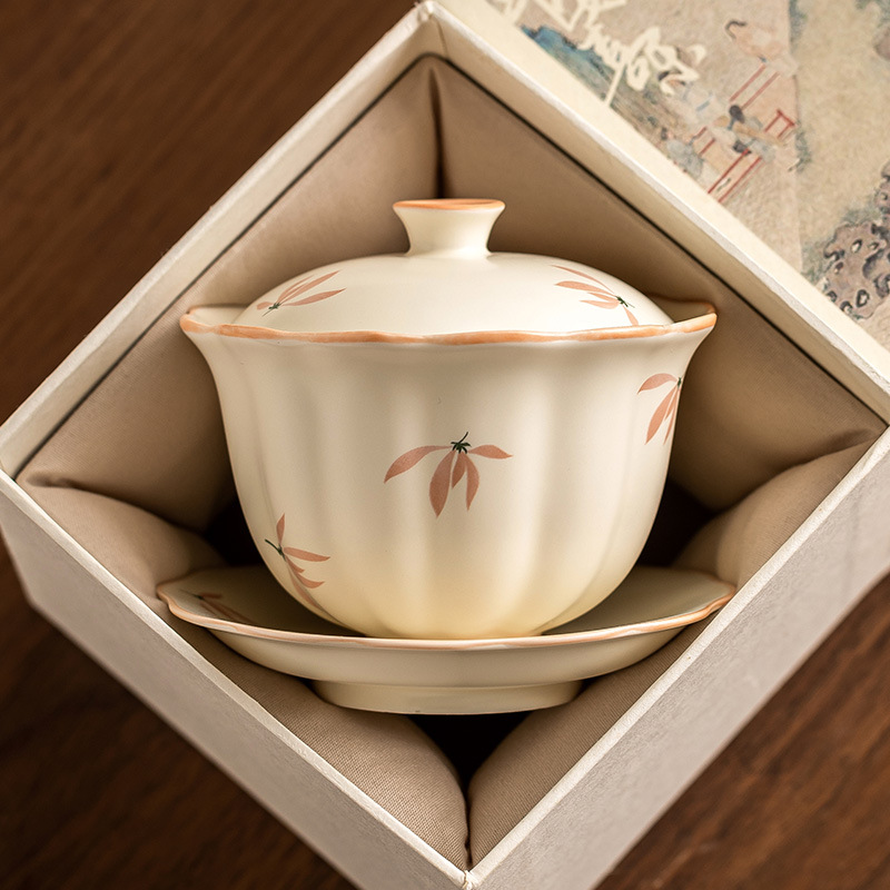 Bát tam tài hoa lan tráng men màu vàng gạo bát đựng trà gia dụng dung tích lớn có nắp không nóng bộ trà pha trà Kung Fu