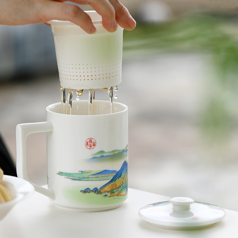 Cốc văn phòng sứ trắng Qianli Jiangshan cốc pha trà lọc có nắp cốc nước cá nhân gia dụng cốc cốc đựng quà tặng tay