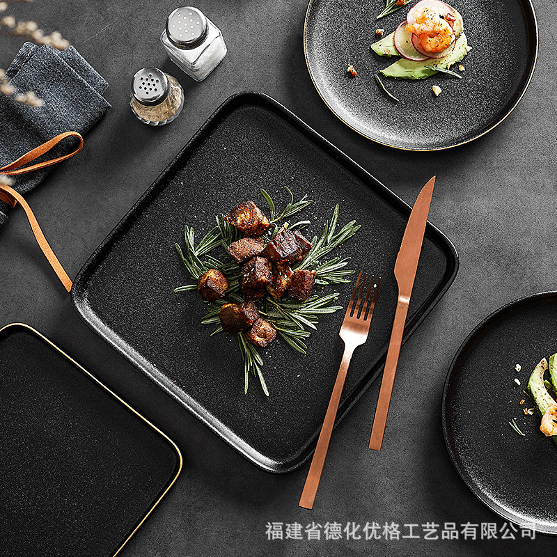 Đĩa bít tết tráng men mờ pha lê đen Bộ dao nĩa đồ ăn phương Tây Đĩa bít tết sáng tạo kiểu Nhật Bản gia dụng Đĩa phẳng Bộ đồ ăn khách sạn